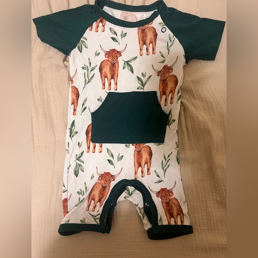 Sleepy sloths highland cow bamboo snap shortie romper